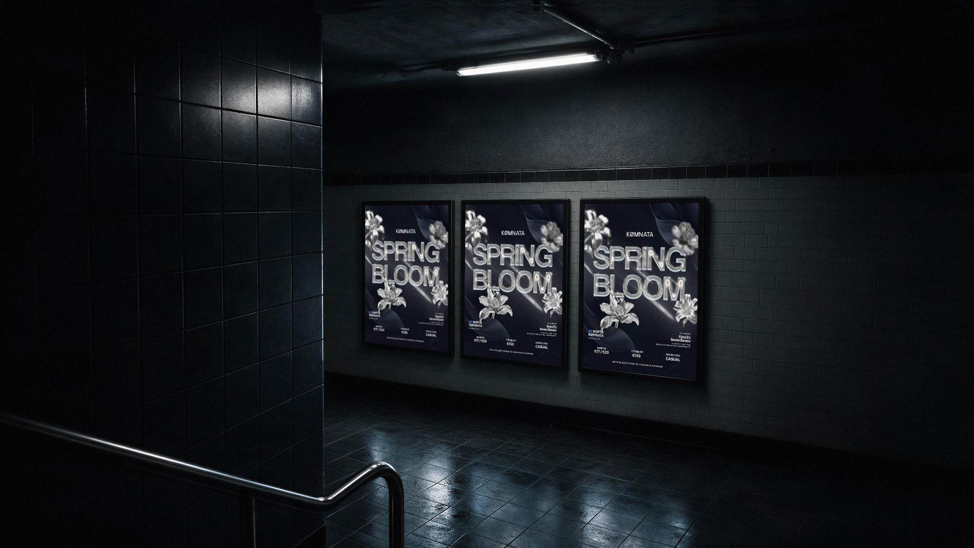 Spring Bloom posters lit along a club corridor